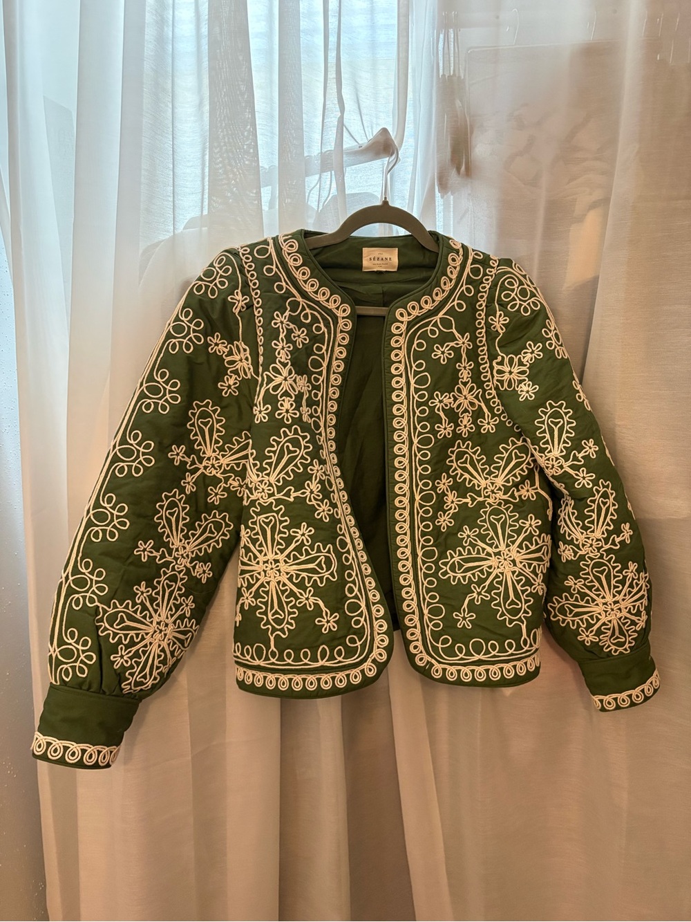 Sezane Olive Green Embroidered Bomber Jacket
